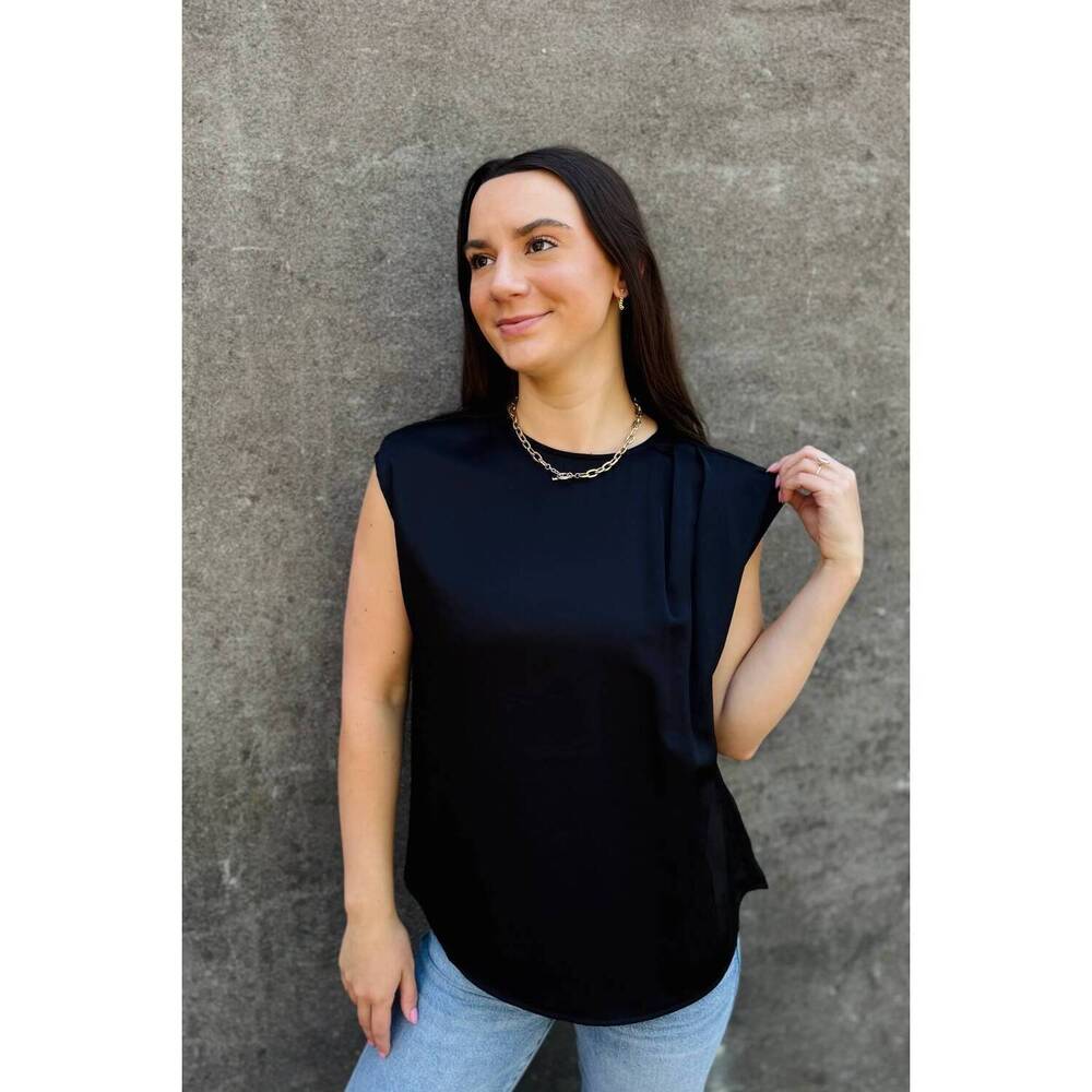 NEW ESQUALO women's gathering tank style satin top in black